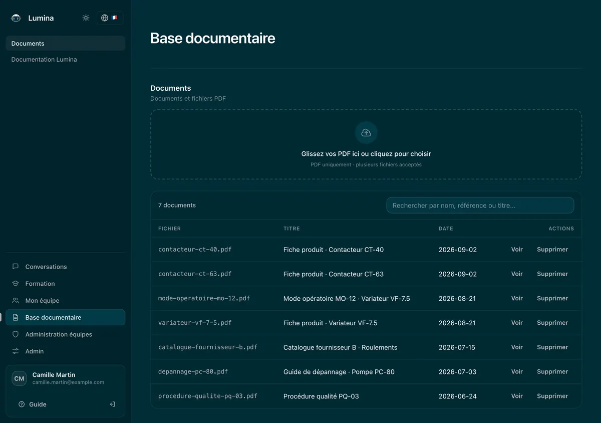 Capture de la base documentaire : les fiches produit, le mode opératoire, le catalogue fournisseur, le guide de dépannage et la procédure qualité importés.