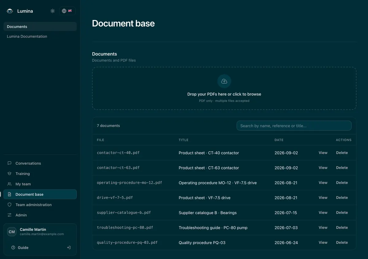 Screenshot of the document library: the imported product sheets, operating procedure, supplier catalogue, troubleshooting guide and quality procedure.