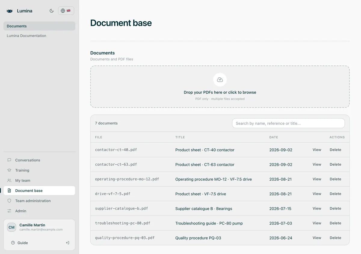 Screenshot of the document library: the imported product sheets, operating procedure, supplier catalogue, troubleshooting guide and quality procedure.