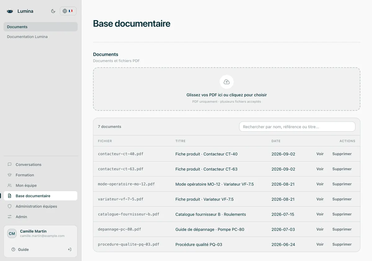 Capture de la base documentaire : les fiches produit, le mode opératoire, le catalogue fournisseur, le guide de dépannage et la procédure qualité importés.