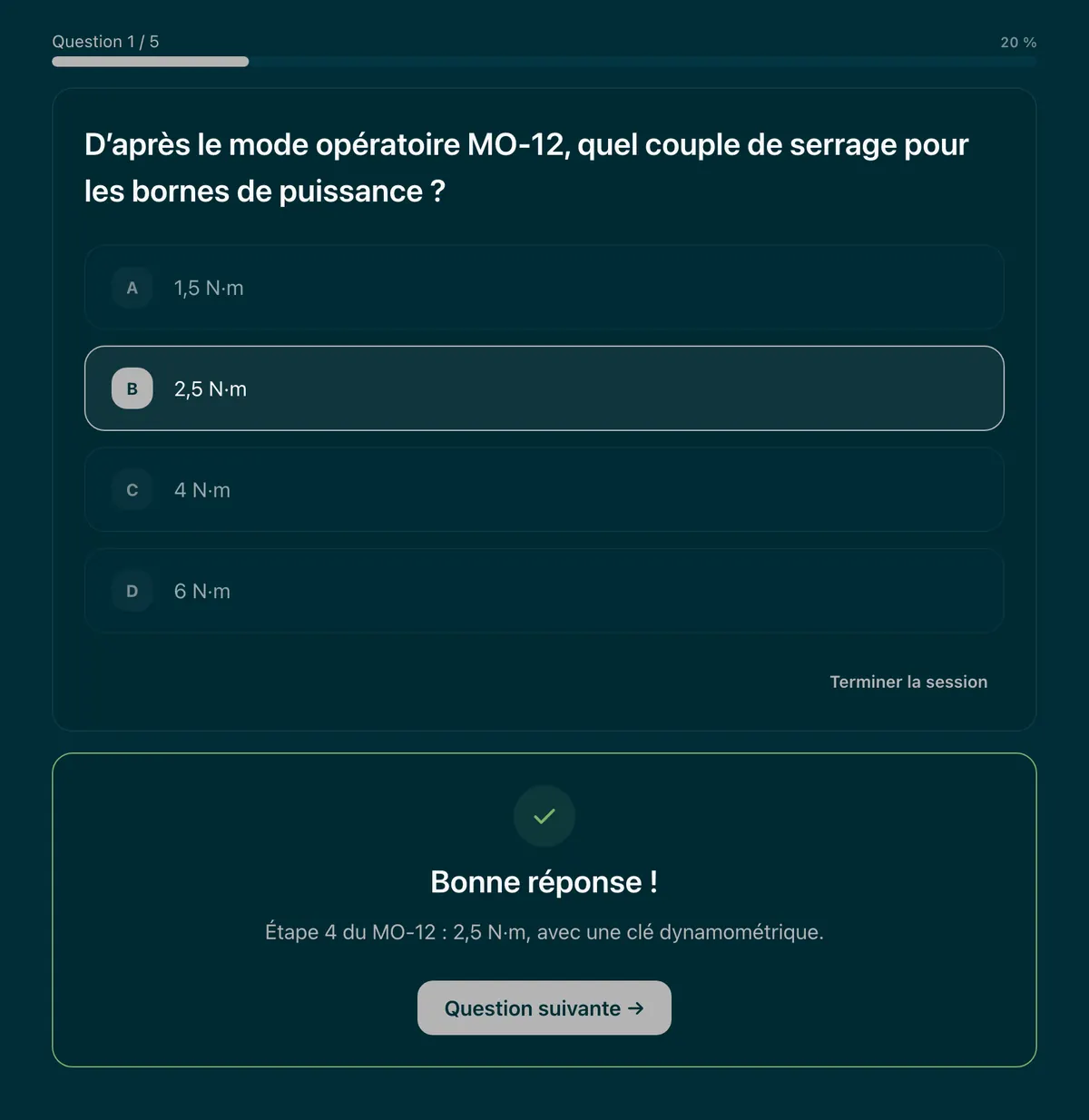 Capture du module de formation : une question sur le mode opératoire MO-12, la bonne réponse validée et son explication.