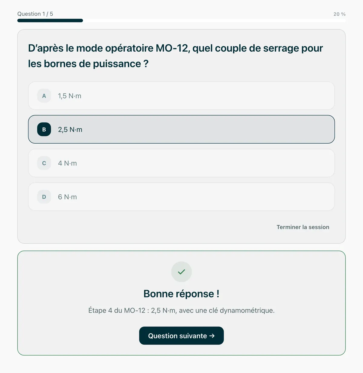Capture du module de formation : une question sur le mode opératoire MO-12, la bonne réponse validée et son explication.